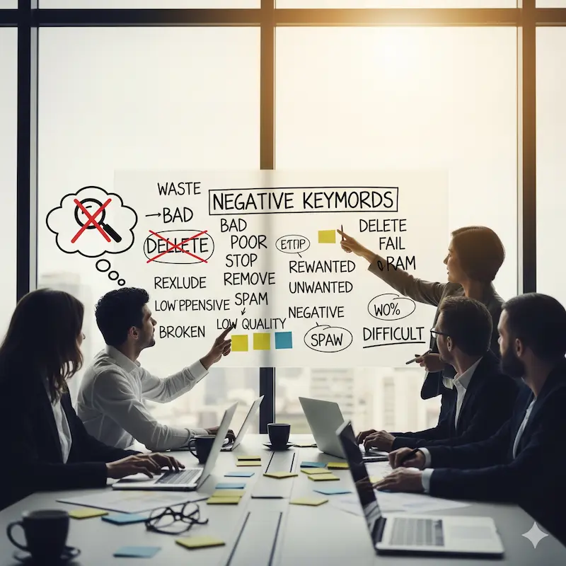 A person brainstorming negative keywords on a whiteboard