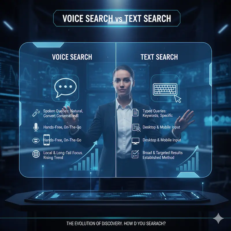 An illustration comparing typed search and voice search
